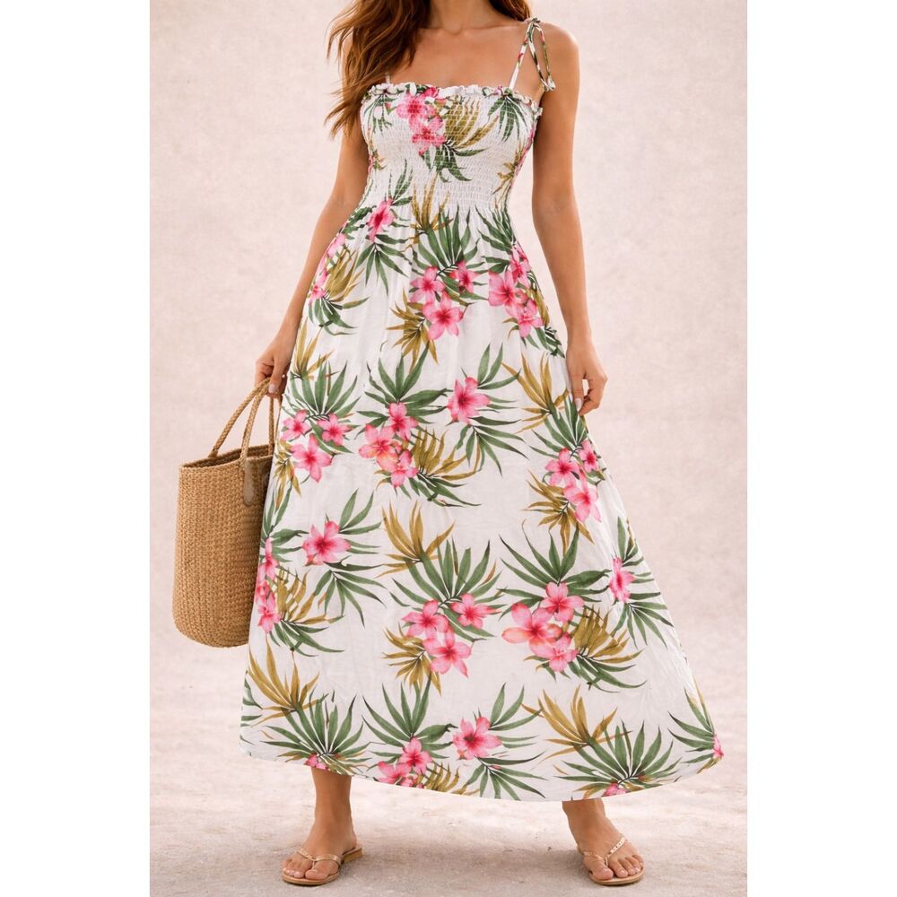 Aloha Mai Hawaii Tropical Floral Maxi Dress Smocked Hibiscus Vacation OS